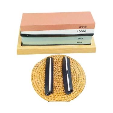 Imagem de Kit Profissional De Pedras De Afiar Facas Com Base De Bambu Antiderrap