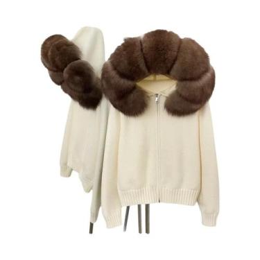 Imagem de Cardigã Feminino Com Capuz De Pele De Raposa, Tricô Mongol Genuíno, Ja
