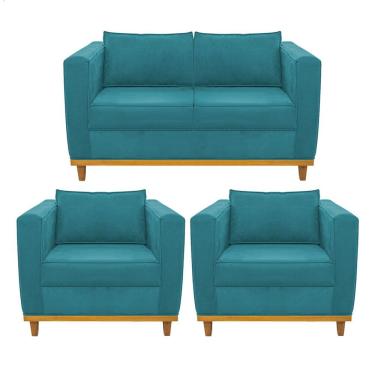 Imagem de Kit Sofá 2 Lugares E 2 Poltronas Europa Suede Azul Turquesa