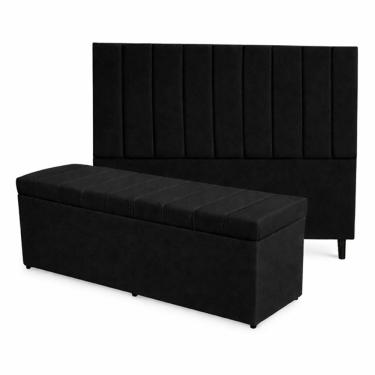 Imagem de Kit De Quarto Roma Cabeceira De Cama Box E Calçadeira Baú Casal 140 Cm Suede Preto Eli Móveis E Decoração