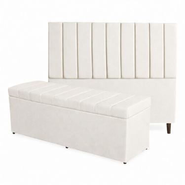 Imagem de Kit De Quarto Roma Cabeceira De Cama Box E Calçadeira Baú Casal 140 Cm Suede Off White Eli Móveis E Decoração