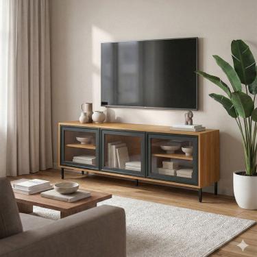 Imagem de Rack para Tv até 55" com 3 Portas de Vidro e 2 Prateleiras Br149 Lamina Mel/Preto