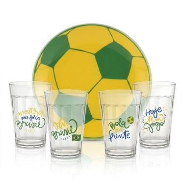 Imagem de Kit Bowl Petisqueira Bola de Vidro Copa do Brasil com 4 Copos 190ml Jo