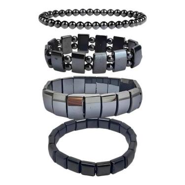Imagem de Kit 4 Pulseira Hematita Emagrecimento Saúde Elástica Modelos Geometric