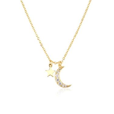 Imagem de YUHUAWF Colar de prata esterlina 925 zircão lua estrela pingente pingente pingente corrente longa colar joias de casamento cristal elegante ajustável para mulheres