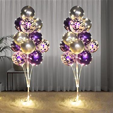 Imagem de Kit de 2 suportes de balão de chão com cordão de luz, suporte de balão, peças centrais de decoração de chão para chá de bebê, festa de aniversário, despedida de solteira (roxo e prata)