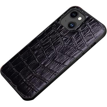 Imagem de CYSUE Capa de couro genuíno para iPhone 14/14 Plus/14 Pro/14 Pro Max, padrão de crocodilo clássico couro genuíno slim fit luxo negócios capa protetora de telefone à prova de choque (cor: preto, tamanho: 14Plus