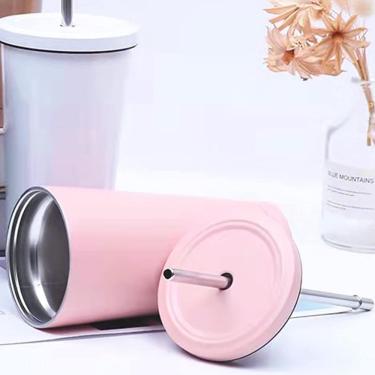 Imagem de Copos de aço inoxidável, garrafa de água de aço inoxidável de 16oz com mangas de silicone, tampas e canudos (rosa)