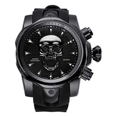 Imagem de Relógio masculino All Black de aço inoxidável analógico com crânio 3D Ghost grande com mostrador descolado