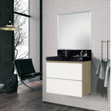 Imagem de Conjunto para Banheiro com Espelho, Gabinete e Lavatório em Porcelanato com Cuba Esculpida 80cm Bumi Wood/Branco/Black