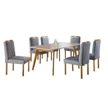 Imagem de Conjunto Sala de Jantar 6 Lugares em Madeira Maciça Mesa Slim e Cadeiras em Linho Rústico Cinza Grafite Móveis Mix