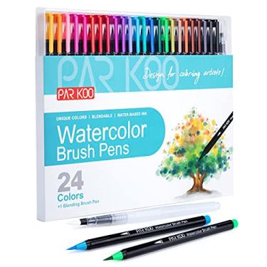 Imagem de Canetas de aquarela ParKoo 24 cores flexíveis, ponta de pincel de nylon real para pintura em aquarela, 1 pincel de mistura, marcadores de tinta para artistas e pintores iniciantes, livros de colorir, caligrafia