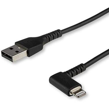 Imagem de StarTech.com Cabo USB A para Lightning de 2 m – Cabo de sincronização e carregador de conector Lightning de 90 graus preto angular direito com fio de fibra Aramid Apple MFI certificado