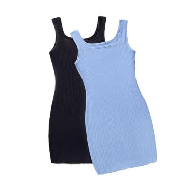 Imagem de OYOANGLE Conjunto de 2 peças de vestido regata feminino casual de verão sem mangas gola canoa malha canelada, Preto, azul, 15 Years