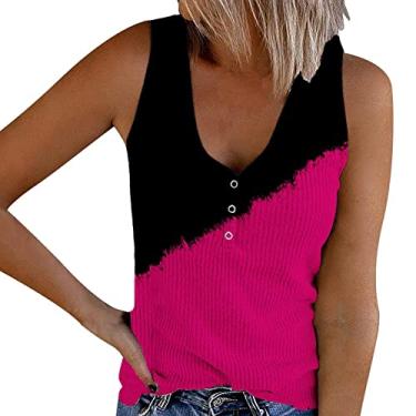 Imagem de Regatas femininas básicas com gola V, malha canelada, Henley com botões, camisetas de verão, sem mangas, roupas Y2K, #01 Color Block Hot Pink, M
