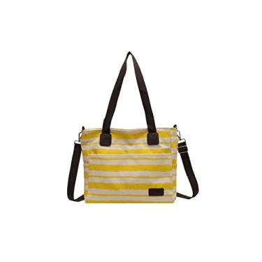 Imagem de BYKOINE Bolsa transversal de lona feminina listrada patchwork bolsa casual alça superior grande, Amarelo, One Size