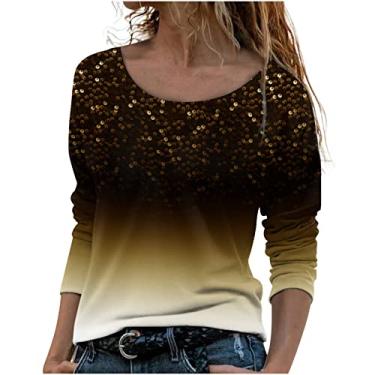 Imagem de Blusas femininas de gola redonda para mulheres gradiente gráfico floral ajuste solto camisa longa outono verão 2024 moda Y2K, V-477 Amarelo Mostarda, M
