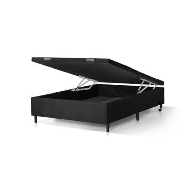 Imagem de Base Cama Box Baú Casal Madeira Revestida Preto com Rodinhas Baú Interno Espaçoso com Pistão a Gás