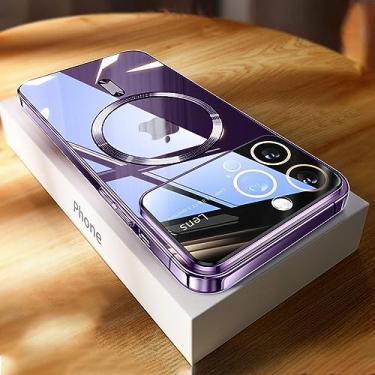 Imagem de Capa transparente de TPU de carregamento magnético sem fio para iPhone 15 Pro Max 14 12 11 Pro Max 13 Plus Capa protetora de lente de vidro de janela grande, roxo escuro, para iPhone 7