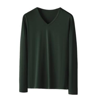 Imagem de Camisetas masculinas manga comprida cor sólida gola V pulôver slim fit casual esportes camisetas, Verde escuro, 5G
