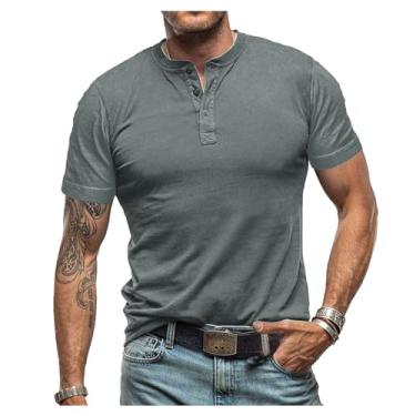 Imagem de Camisetas masculinas manga curta gola redonda Henley camisetas cor sólida abotoado casual esportes tops, Cinza-claro, XG
