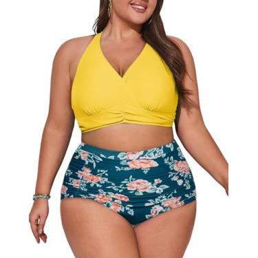 Imagem de Biquíni feminino plus size, frente única, decote em V, cintura alta, franzido, controle de barriga, Floral vermelho amarelo, 13 Plus Size