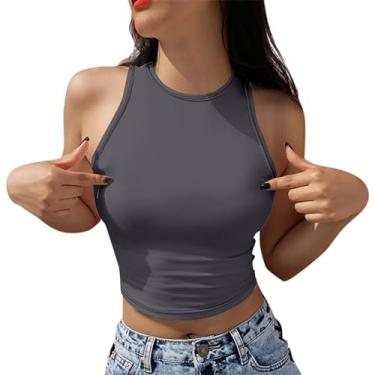 Imagem de PKDong Halter Tops para mulheres, sexy, sem mangas, gola única, colete de treino, camiseta de verão, regata cropped, Cinza, GG