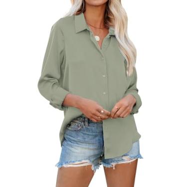 Imagem de siliteelon Camisas femininas de botão, manga comprida, sem rugas, gola para trabalho, escritório, blusas de chiffon, Verde oliva, PP