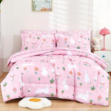Imagem de Mooreeke Jogo de cama com edredom para crianças, meninas e adolescentes, 5 peças, conjunto de lençol com edredom de microfibra super macia rosa coelho