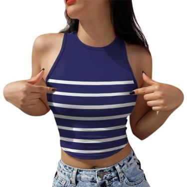 Imagem de PKDong Regata cropped feminina sexy sem mangas, listrada, patchwork, gola única, colete de treino, camisetas femininas, Azul escuro, P
