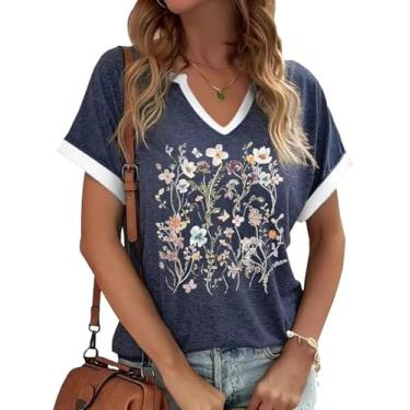 Imagem de Camiseta feminina vintage floral casual boho estampa floral girassol flores silvestres camisetas para meninas, G-5-azul-marinho, G