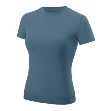 Imagem de AKEWEI Camisetas femininas de compressão atlética com bainha cruzada de manga comprida para exercícios respiráveis para ioga com orifício para polegar, B3_cinza azul_manga curta, P