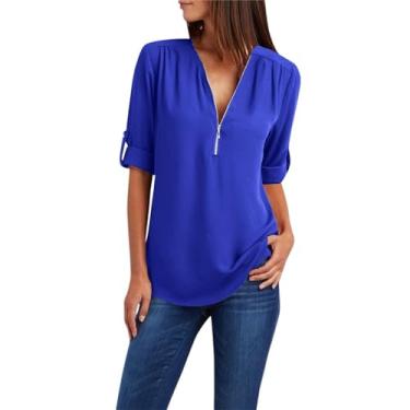 Imagem de Camisetas femininas de manga curta enroladas com zíper e gola V, blusas femininas de chiffon cor sólida casual de verão blusas elegantes soltas, Azul, 3G