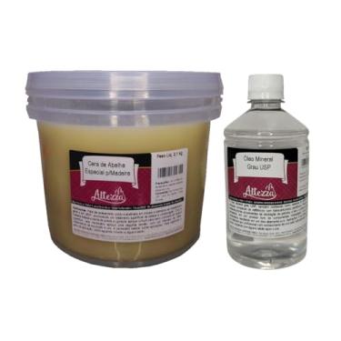 Imagem de Kit Cera Para Madeira de Abelha 2,1Kg + Óleo Mineral Grau USP 500ml Para Tábua de Carne, Tábua de Corte, Madeiras em Geral, Móveis, Gamelas, Utensílios de Madeira, Atóxico, Brilho e Proteção - Altezza