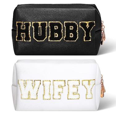 Imagem de Pinkunn 2 peças de bolsa de maquiagem para noiva senhora Wifey I Do Hubby Bride Patch Bolsa Cosmética Bolsa de Higiene Pessoal de Viagem Bolsa de Lua de Mel Pequena Noiva Presente de Chá de Casamento
