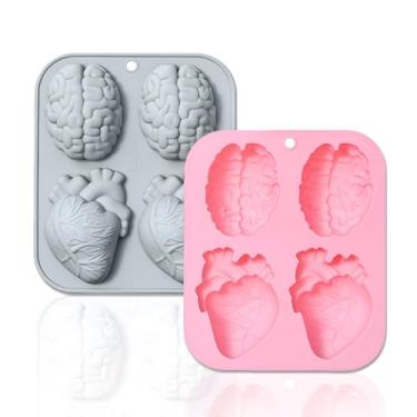 Imagem de Pacote com 2 moldes 3D de silicone para cérebro humano e coração, formas realistas de órgão de Halloween MaehSab para chocolate, pudim, sobremesa, geleia, sabonete artesanal, vela, bolo, suprimentos