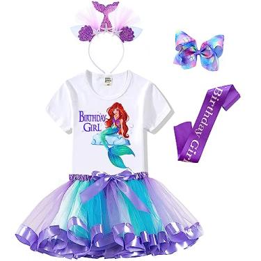Imagem de Conjunto de roupa de aniversário de sereia – camisa, vestido tutu arco-íris, faixa de cetim, faixa de cabeça – presentes de aniversário para fantasia para meninas (sereia arco-íris 7, 6 anos)
