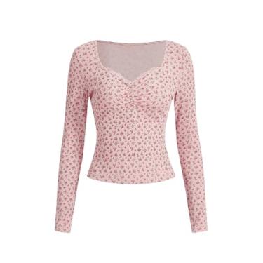 Imagem de Verdusa Camiseta feminina de manga comprida franzida com estampa floral e gola redonda com acabamento em renda, rosa, G