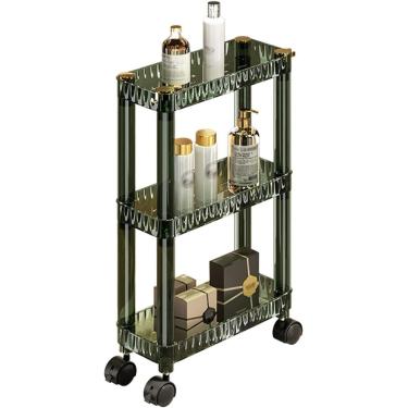 Imagem de Armário estreito em pé no banheiro para armazenamento de maquiagem com rodas, carrinho de armazenamento fino, unidade de estante móvel de 3 camadas, organizador de banheiro, verde, transpare