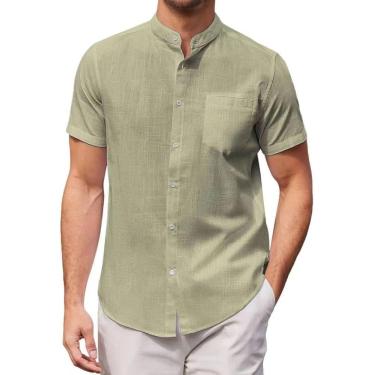 Imagem de Camisa de praia, camisas masculinas de manga curta de algodão e linho com gola plus size, camisa casual de verão com botões, camisas de praia, vestido de praia tropical, camisas diárias para