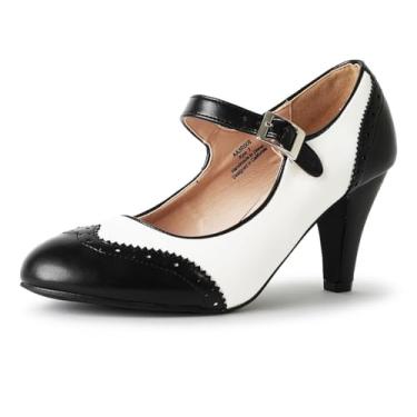 Imagem de J. Adams Sapato Oxford Mary Jane – Salto baixo fofo – Bico redondo retrô com tira no tornozelo – Kym, Couro vegano preto e branco, 40