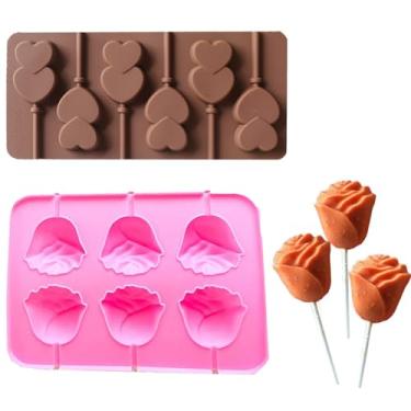Imagem de Moldes de pirulito rosa dia dos namorados 6 furos rosa duplo em forma de coração molde de silicone 3D flores rosas molde de coração para aniversário, dia dos namorados, festa, doces, chocolate, faça