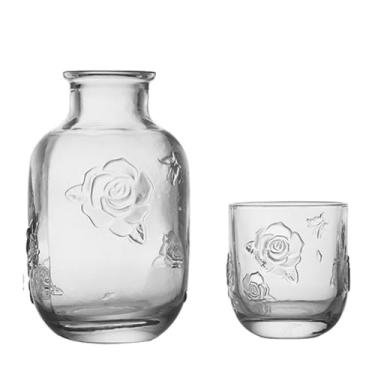 Imagem de LCORMAG Conjunto de garrafa de água de cabeceira com design de flores vintage, 425 g, vidro transparente, para mesa de cabeceira de quarto, cozinha doméstica, jarra de suco de frutas, garrafa de