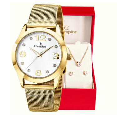 Imagem de Relógio Feminino Champion Analógico Dourado CN29098W + Kit de Brincos e Colar