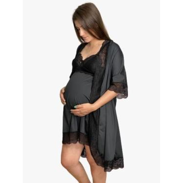 Imagem de Camisola Amamentação + Robe Gestante Luxo Maternidade Pós-parto - DOCE