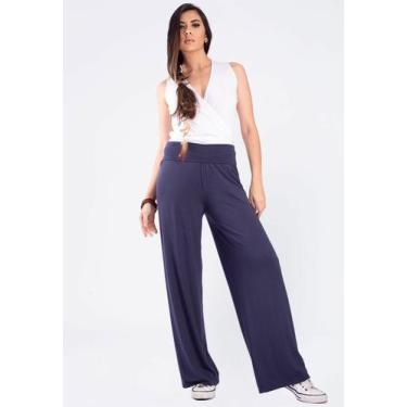 Imagem de Calça Pantalona Reta Malha Cós Alto Azul Marinho - Amazonia Vital