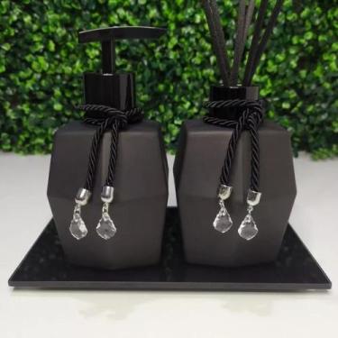 Imagem de Kit Lavabo Banheiro Diamante Preto Aromatizador e Porta Sabonete Líqui