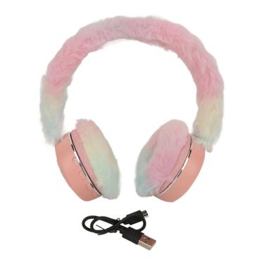 Imagem de Vomeko Bluetooth sobre fones de ouvido, desenho animado dobrável inovador pelúcia quente earmuff graves profundos com fone de ouvido sem fio com luz de respiração colorida, para (Róseo)