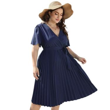 Imagem de KOJOOIN Vestido feminino plus size, gola V, bainha plissada, manga curta, elegante, evasê, midi com cinto, Ss azul-marinho, 4G
