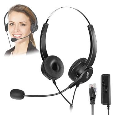 Imagem de AGPTEK Fone de ouvido binaural com cancelamento de ruído para call center mãos-livres, com cabeça de cristal RJ9 de 4 pinos e microfone para telefone de mesa – Serviços de aconselhamento telefônico,